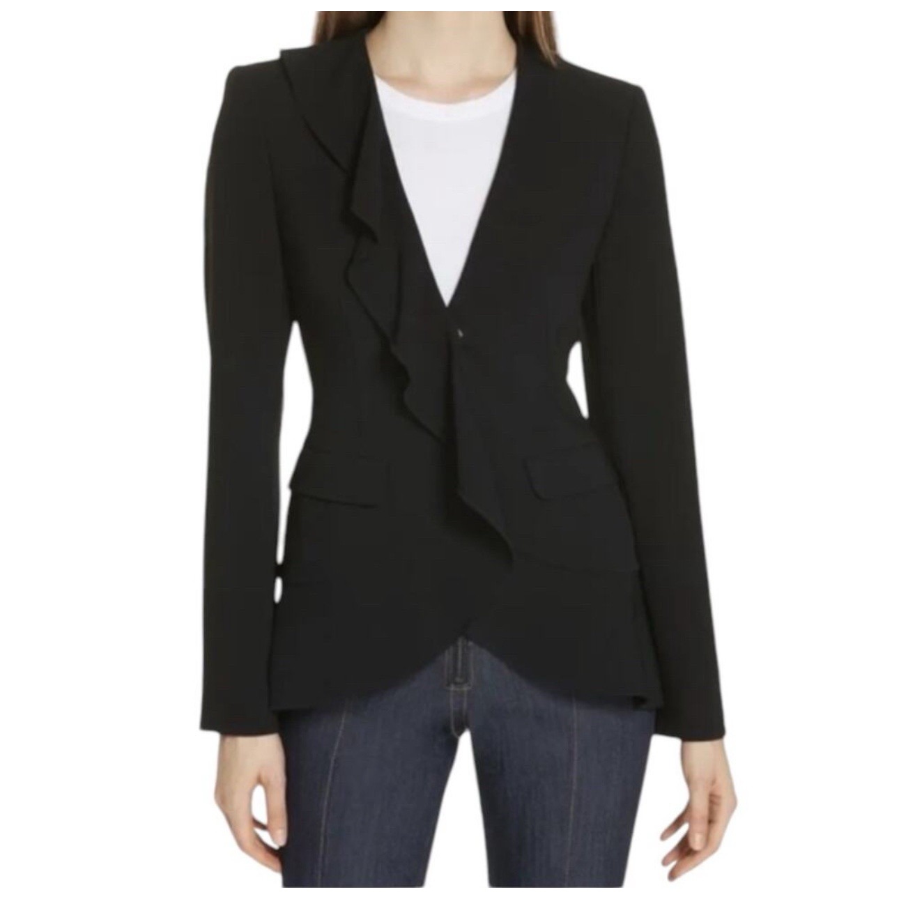 Cinq A Sept Lanier Ruffle Blazer Size 0 Black Formal Luxury Jacket Career Office